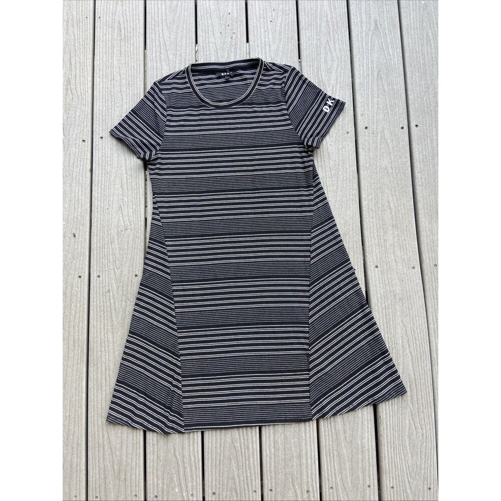 DKNY Women’s Black White Striped Ribbed A-Line T-Shirt Dress Size L Casual